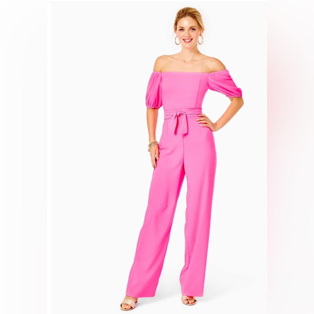 Lilly Pulitzer Hot Pink Off-the-Shoulder Jumpsuit with Tie Waist